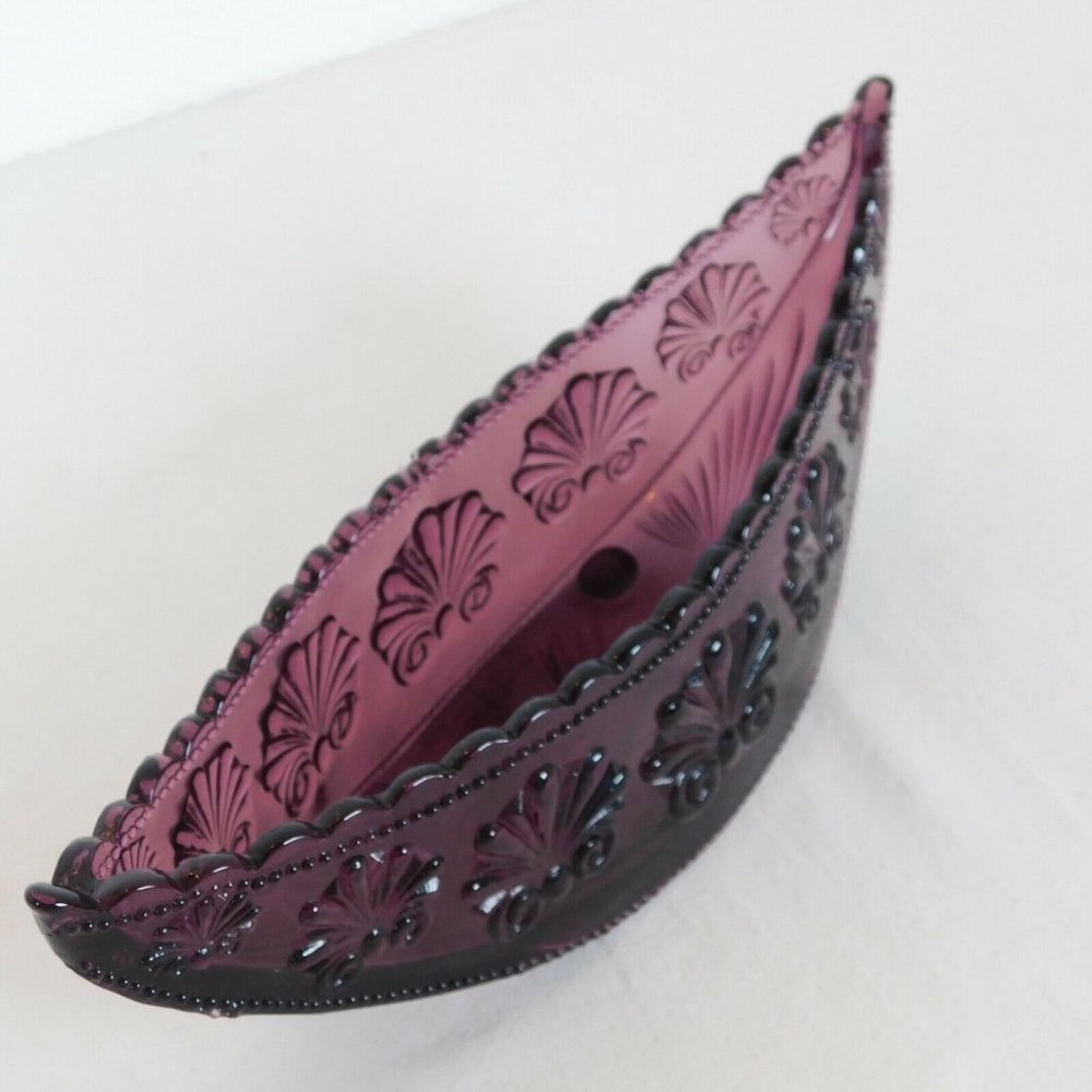 Amethyst Pressed Glass Console Bowl Half Moon Shell Scroll Starburst Vintage - Picture 6 of 8